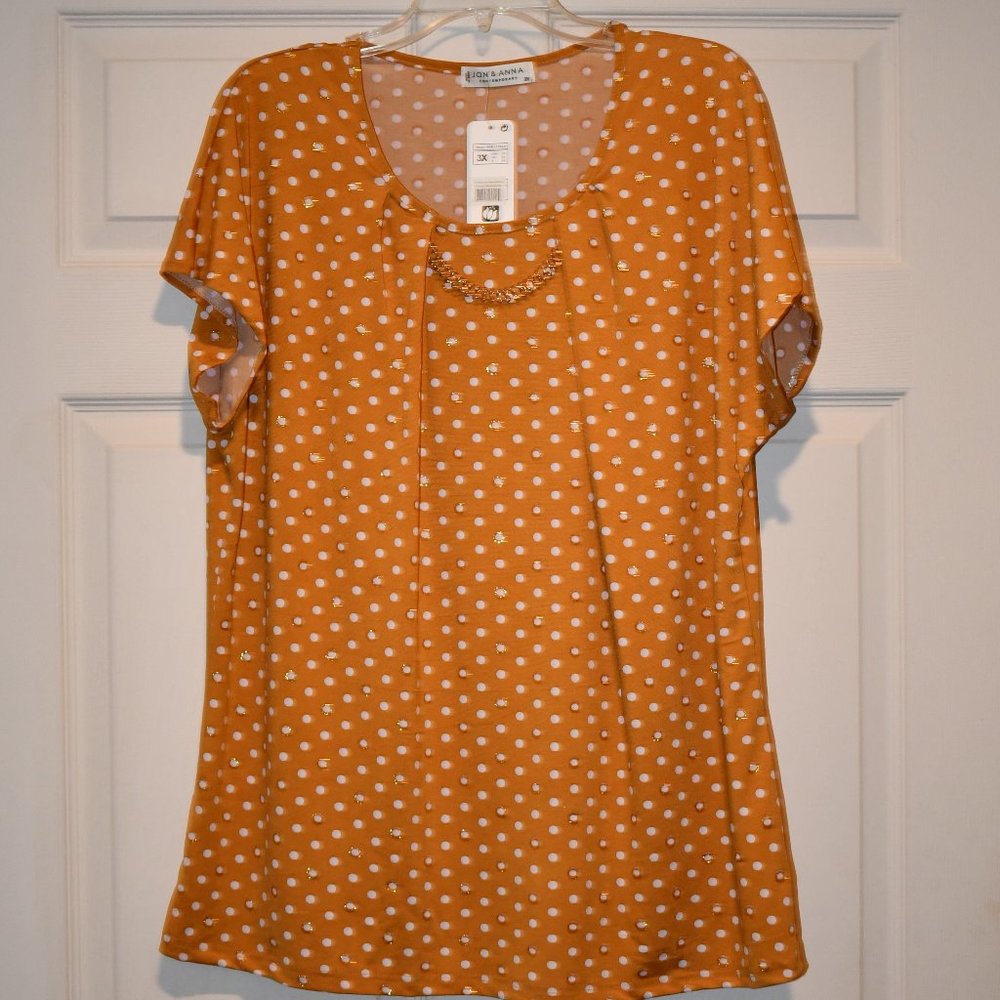 Jon & Anna Plus Gold Polka Dot Short Sleeve Pleat Neck Sparkle Knit Top